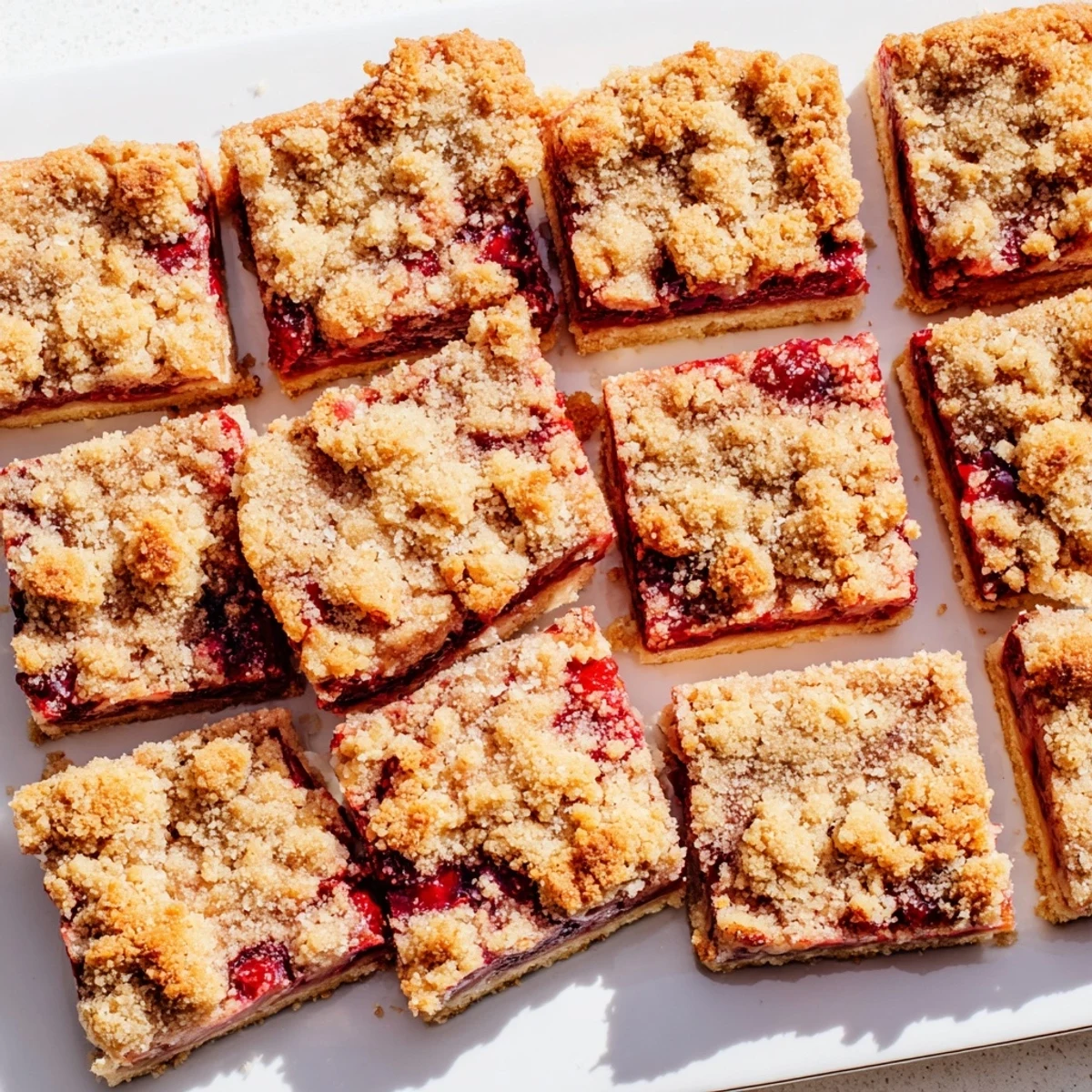 Freshly baked Cherry Crumble Bars with a golden, crumbly topping on a rustic wooden table.