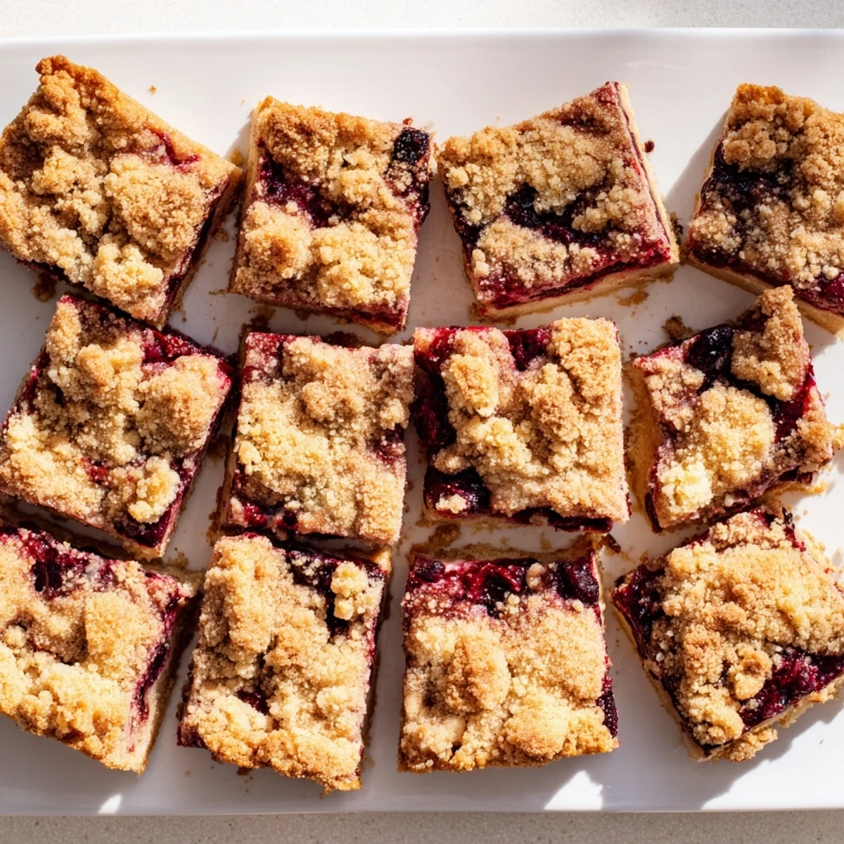 A close-up of Cherry Crumble Bars revealing a buttery crust and juicy red cherries in a square pan.