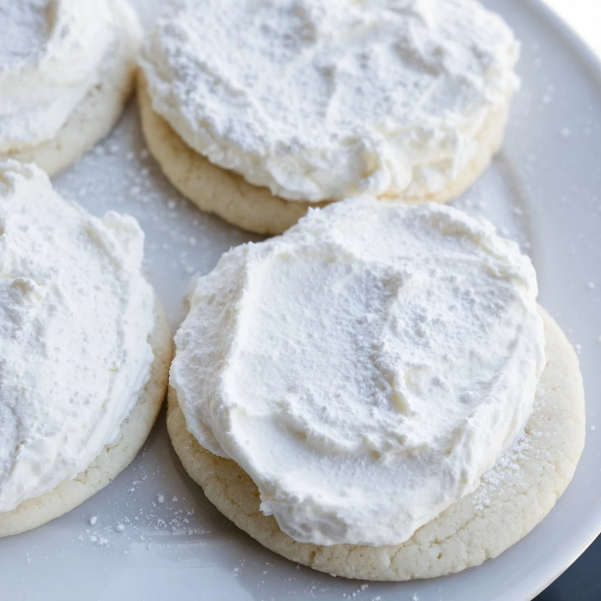 Easy Sugar Cookie Frosting is shown in a bowl, fluffy and pale, ready for piping onto round cookies.