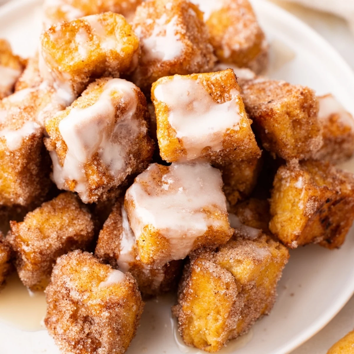 Golden brown Cinnamon Roll French Toast Bites glazed and piled on a white plate for breakfast.