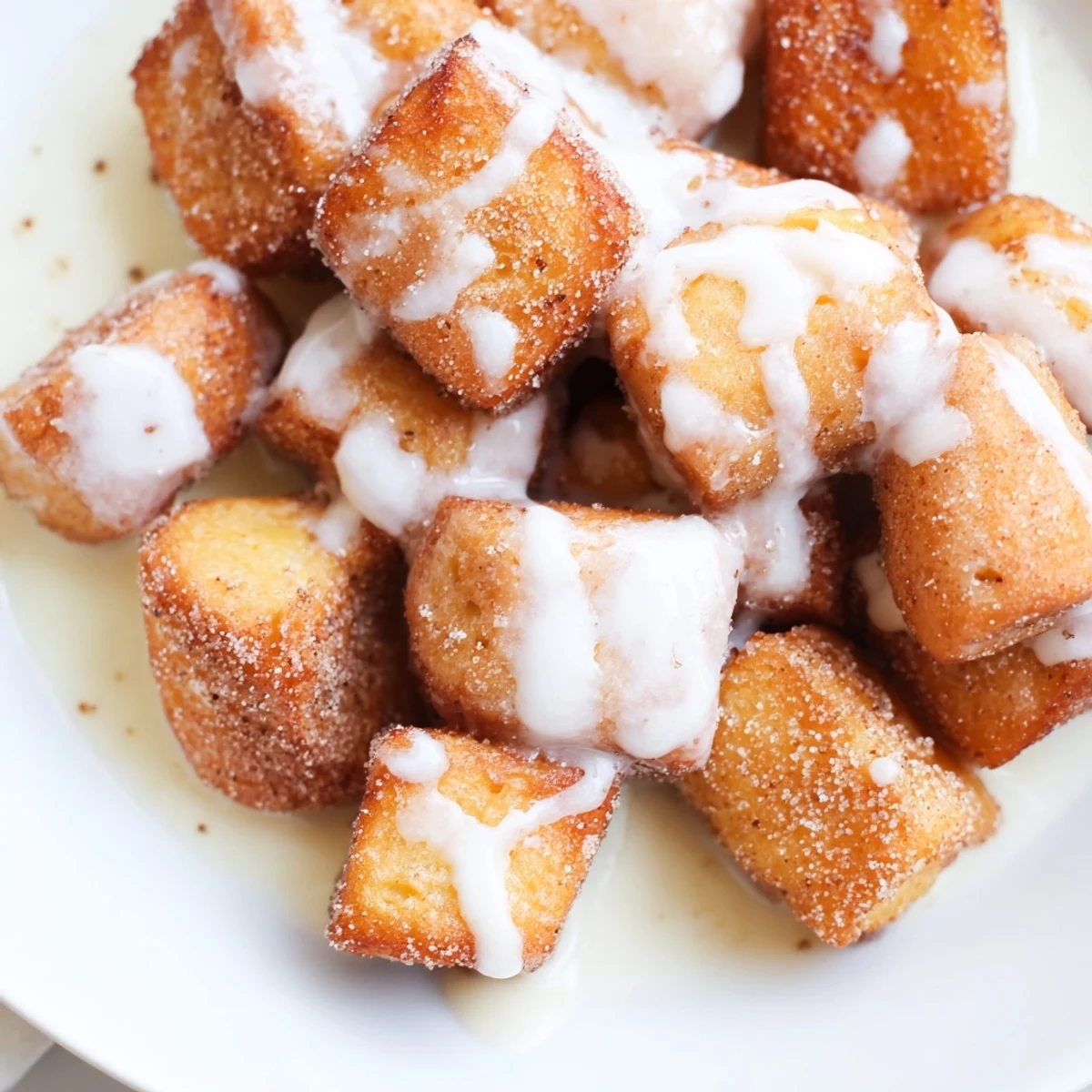Warm Cinnamon Roll French Toast Bites with sweet glaze drizzle, served with fresh berries.