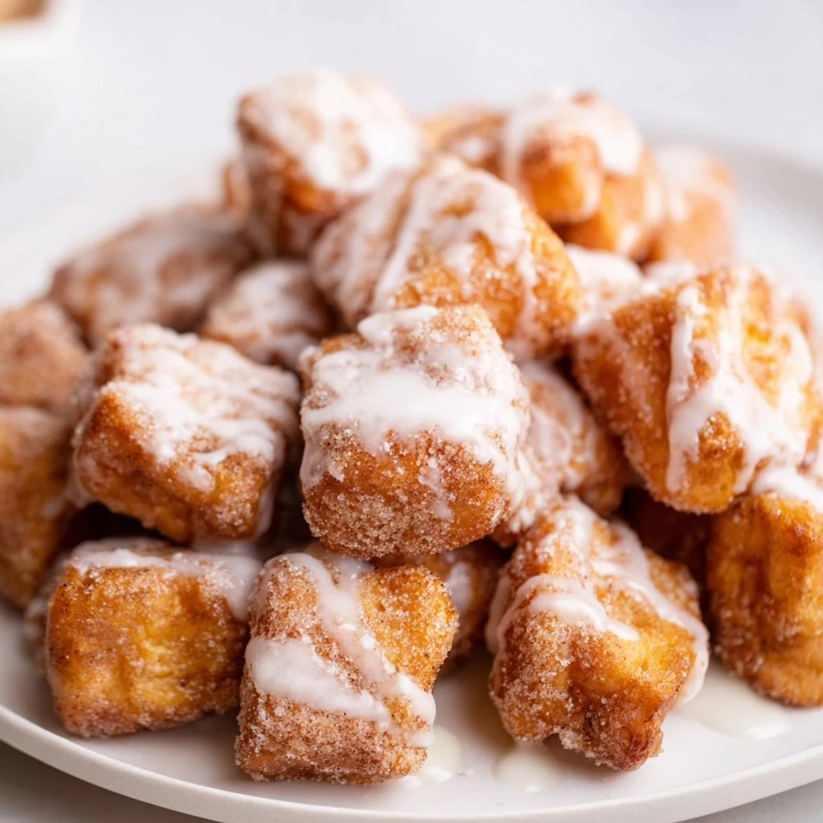 Freshly cooked Cinnamon Roll French Toast Bites in a skillet, ready to enjoy with coffee.