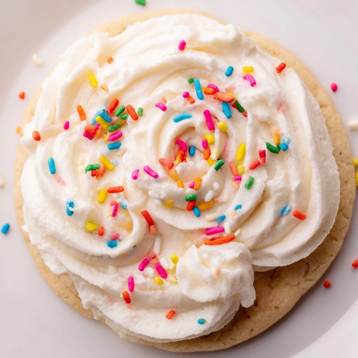 Freshly baked Walmart-Style Sugar Cookies with Buttercream Frosting are arranged on a cooling rack with colorful sprinkles.