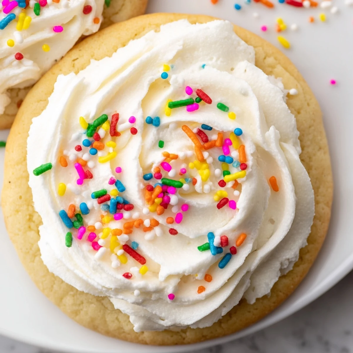 A close-up of Walmart-Style Sugar Cookies with Buttercream Frosting on a white plate, showcasing their soft texture and creamy swirls.