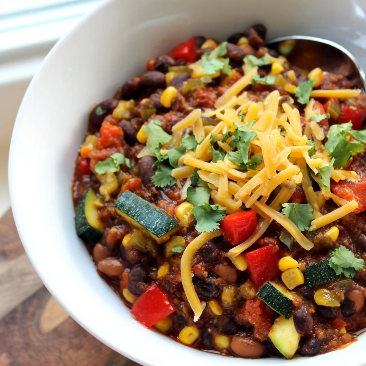 A steaming bowl of Southwest Spice Green Chile Bowl with black beans, corn, and avocado slices. 