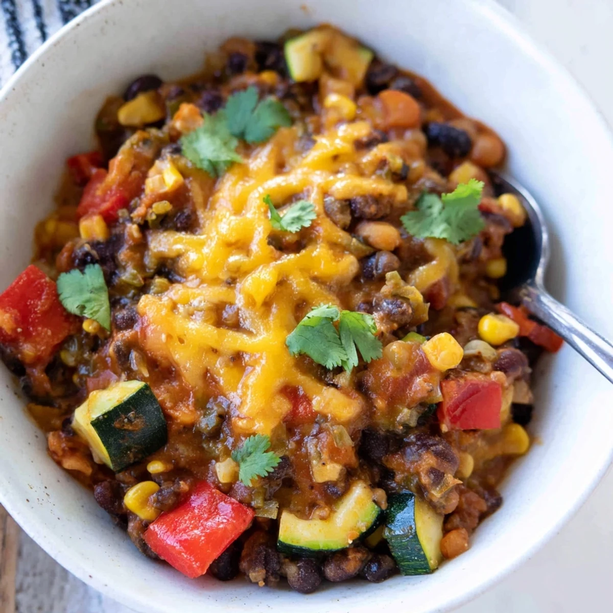 Overhead view of Southwest Spice Green Chile Bowl topped with cheese, cilantro, and lime wedges. 