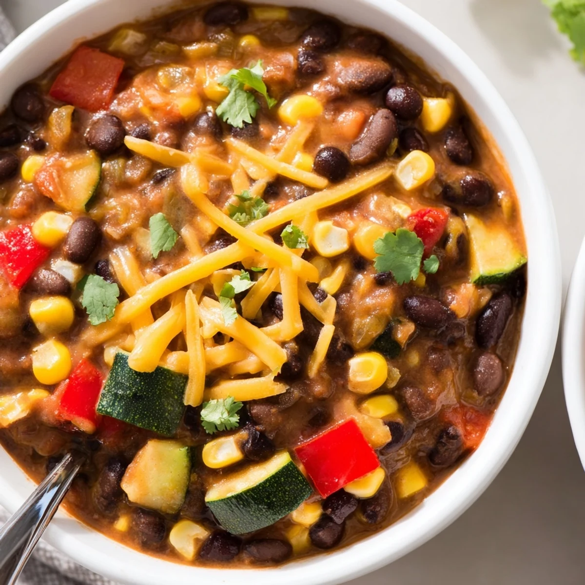 Hearty Southwest Spice Green Chile Bowl served over brown rice with jalapeños and sour cream.