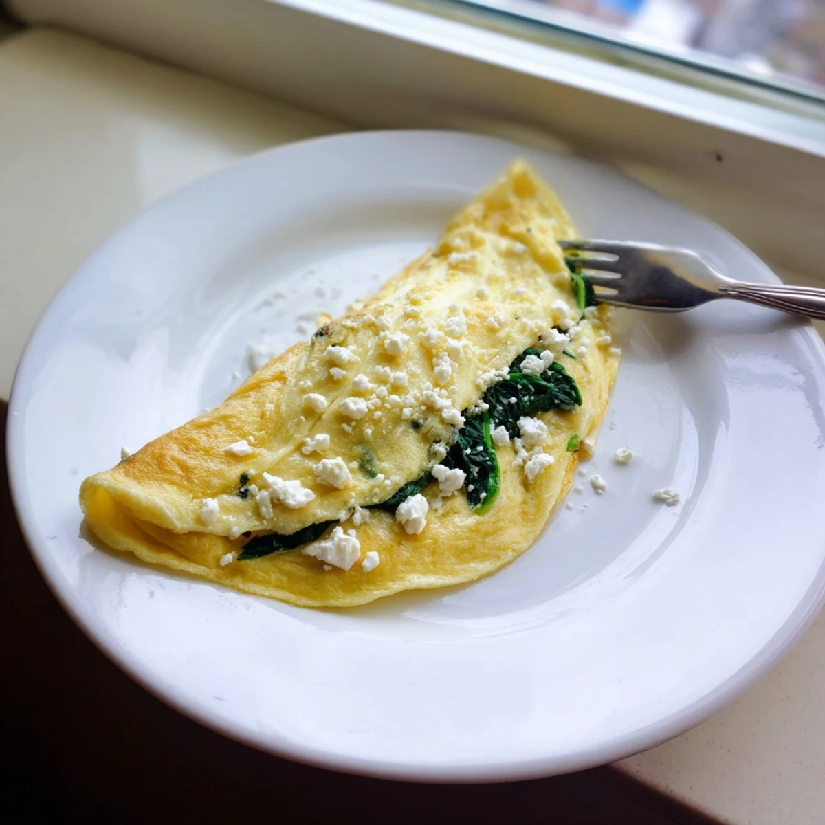 Golden 15-Minute Spinach and Feta Omelet folded over wilted greens and crumbled cheese on a white plate.