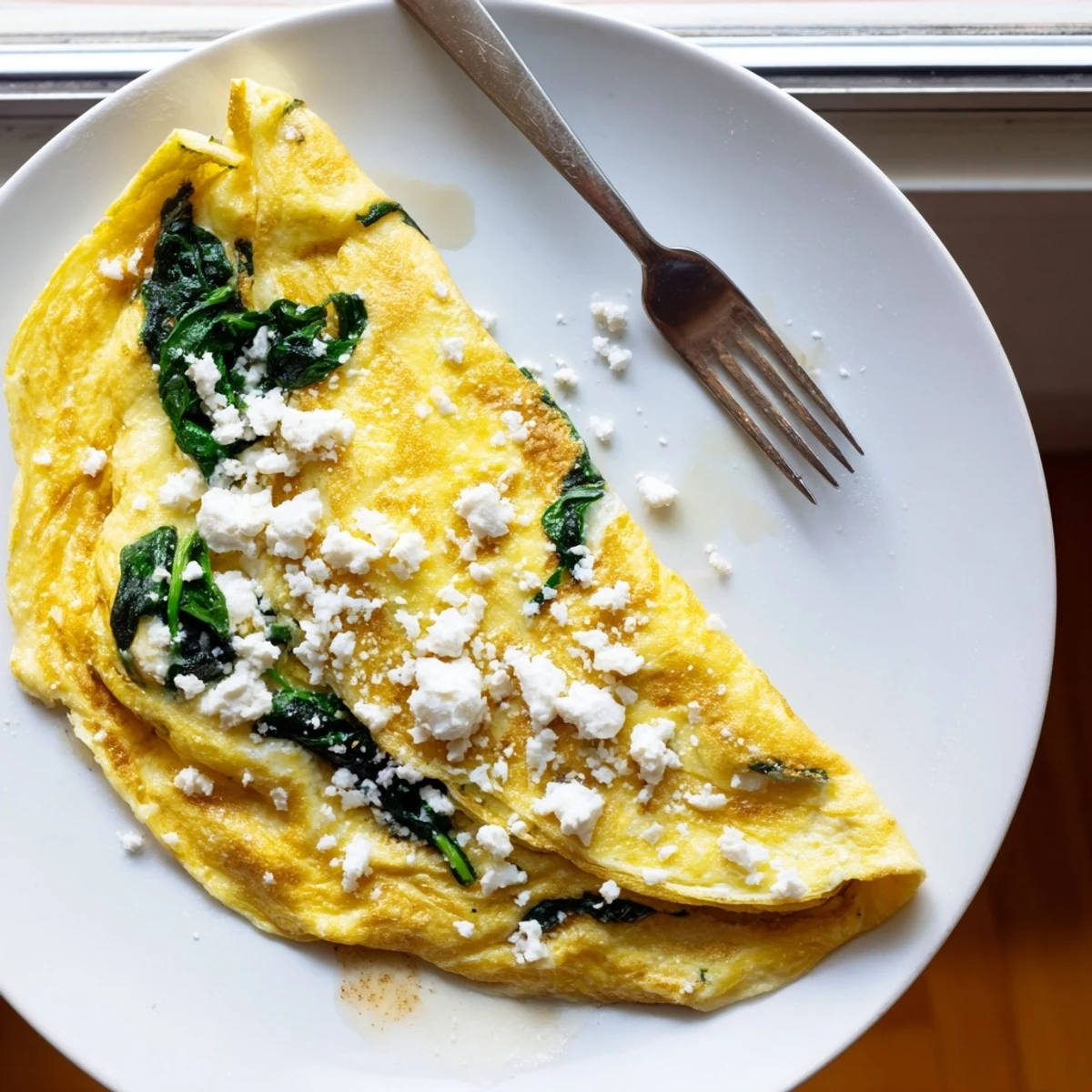 Close-up of a fluffy 15-Minute Spinach and Feta Omelet garnished with herbs and served alongside fresh avocado slices.