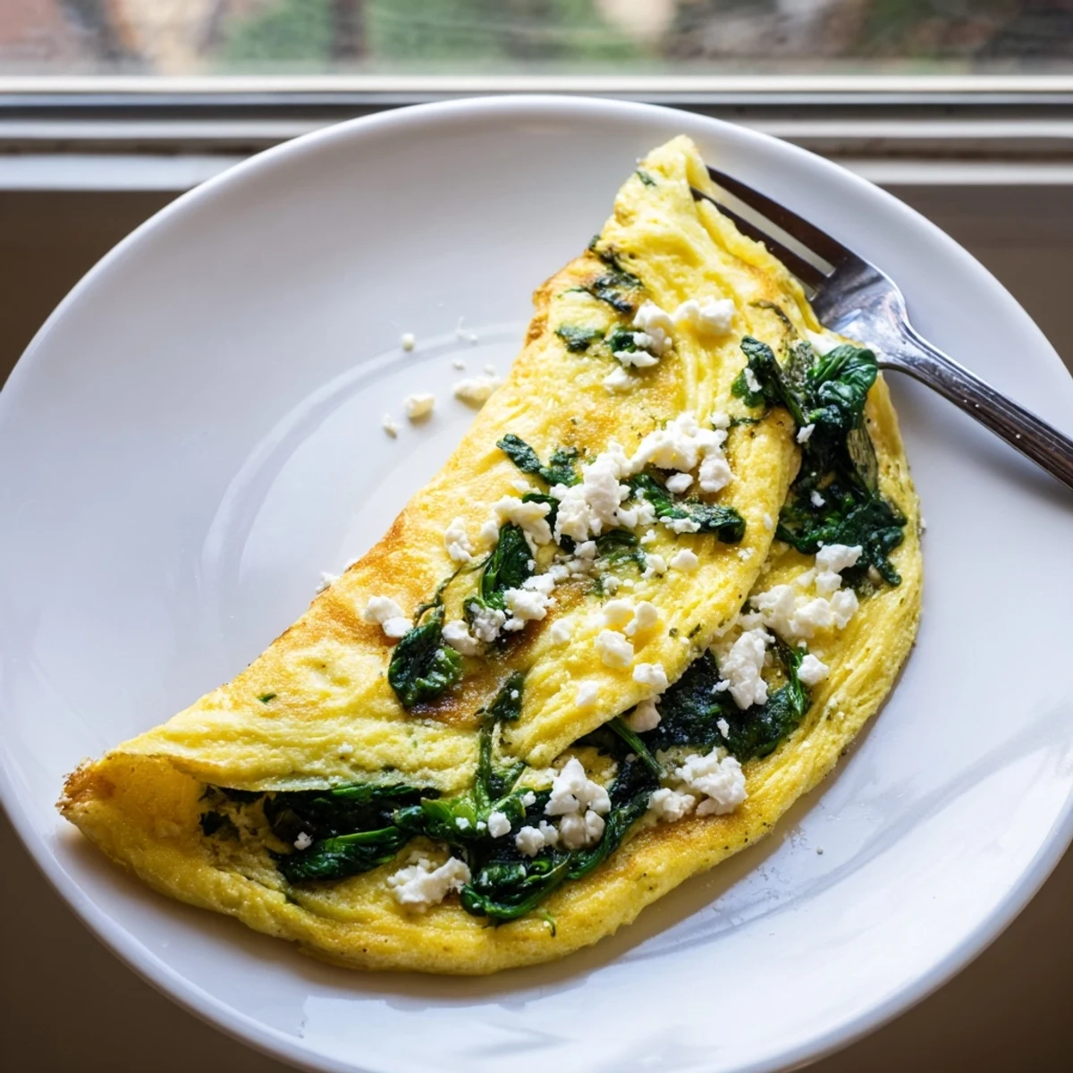 A steaming 15-Minute Spinach and Feta Omelet rests on a wooden board next to a cup of black coffee.