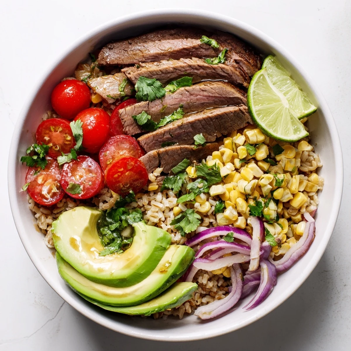 A close-up of the Steak Avocado Roasted Corn Bowl features juicy grilled steak slices, creamy avocado, and golden roasted corn on a bed of rice.