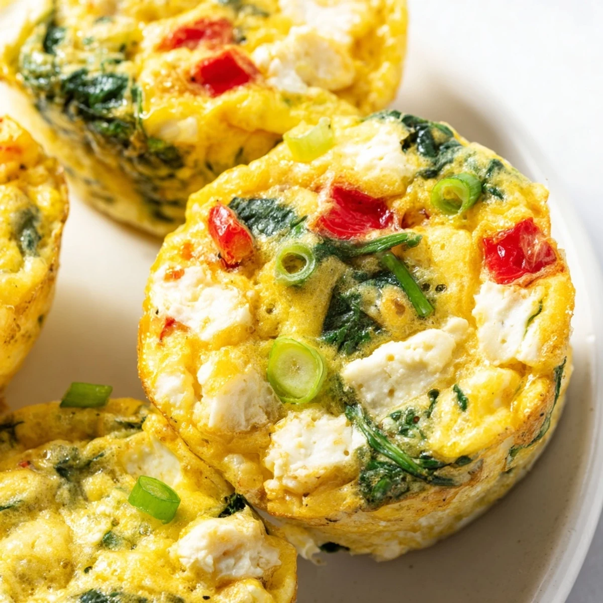 A close-up photo shows freshly baked Egg Muffins with Spinach and Feta in a muffin tin, revealing golden edges and vibrant green spinach bits.