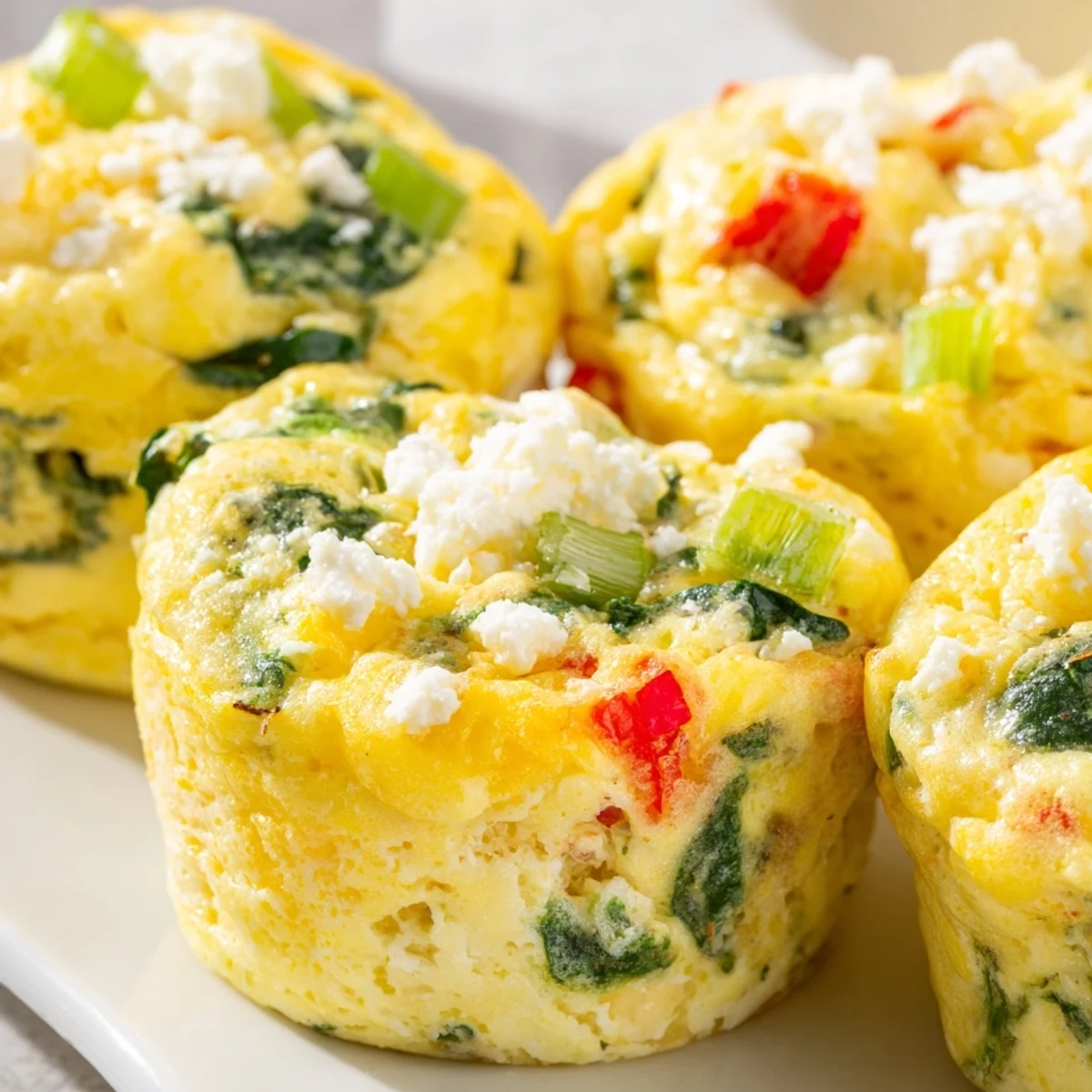 Stemming from a mixing bowl, the ingredients for Egg Muffins with Spinach and Feta highlight chopped spinach and crumbled feta cheese.