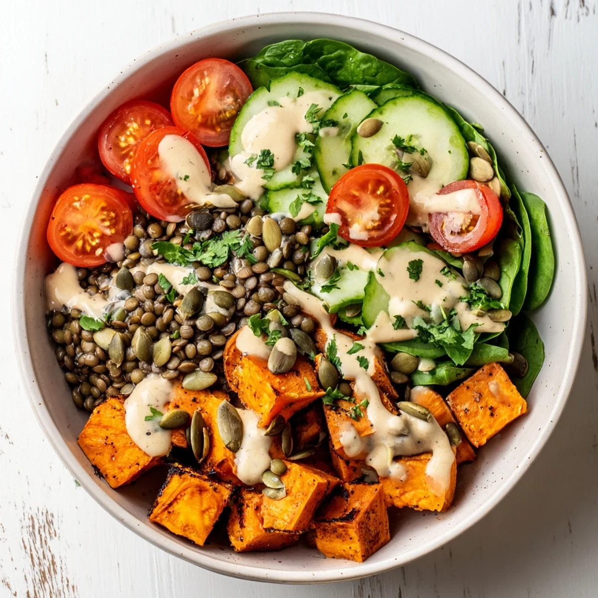 A vibrant Healthy Lunch Sweet Potato Lentil Bowl with bright greens and creamy tahini dressing drizzled over the contents.