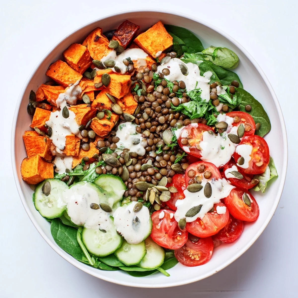 Roasted sweet potatoes and lentils in a Healthy Lunch Sweet Potato Lentil Bowl, topped with cucumber and pumpkin seeds.