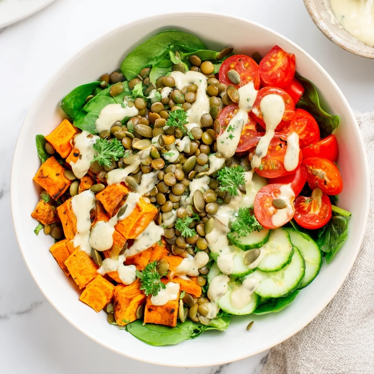 Healthy Lunch Sweet Potato Lentil Bowl garnished with parsley and seeds, served ready to enjoy for a nourishing meal.