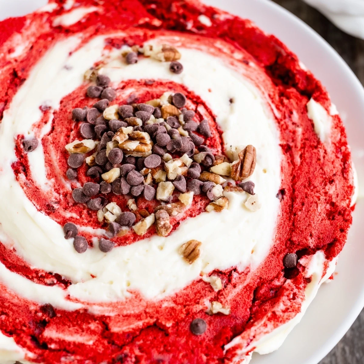 A slice of Red Velvet Earthquake Cake with cream cheese swirls and melted chocolate chips.