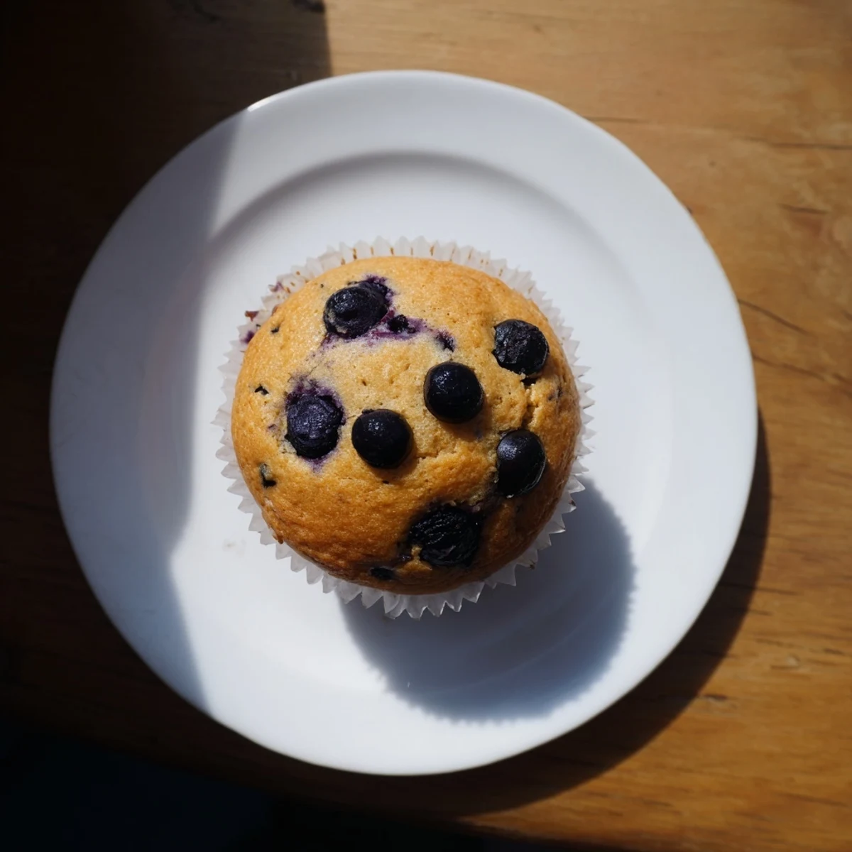 Moist and tender Greek Yogurt Blueberry Protein Muffins on a rustic wooden table, highlighted by scattered fresh blueberries and a dollop of Greek yogurt.