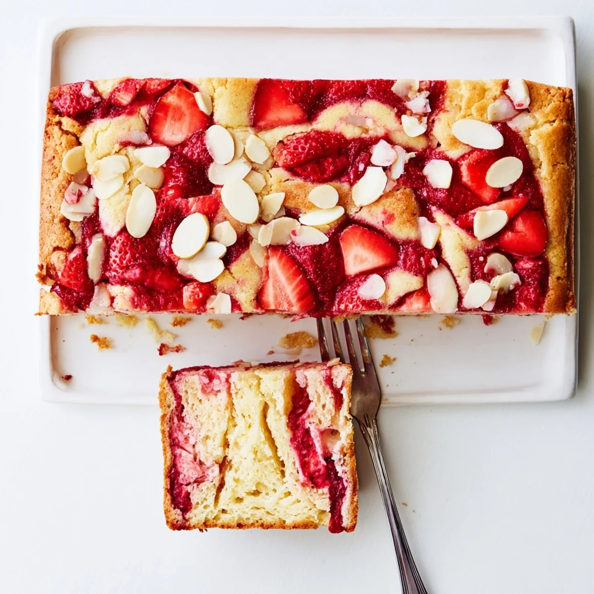 A close-up view of Irresistible Strawberry Earthquake Cake with white chocolate chips and sliced almonds on a marble countertop.