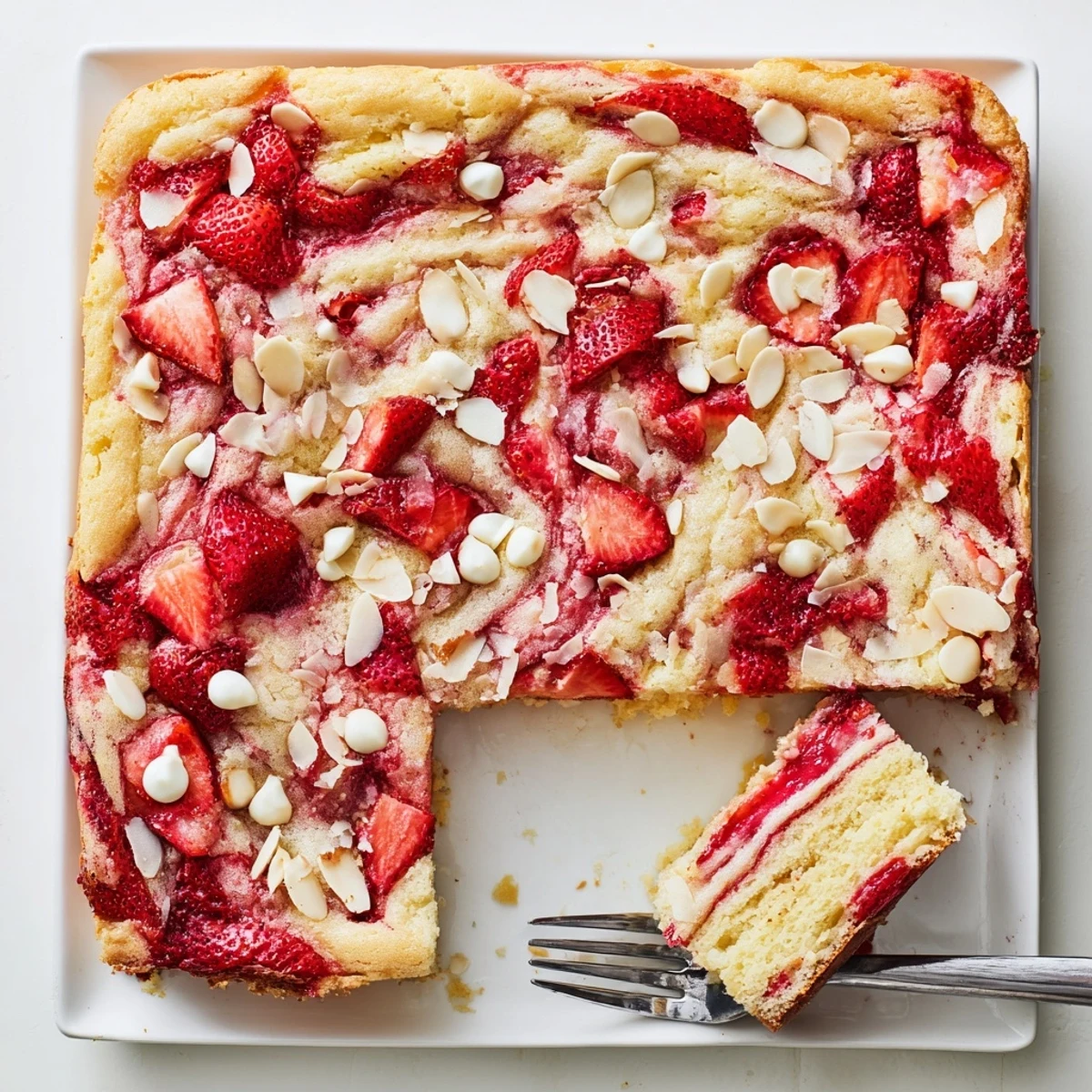 This sliced Irresistible Strawberry Earthquake Cake shows a creamy cheesecake swirl and fresh berry pieces on a tender vanilla base.