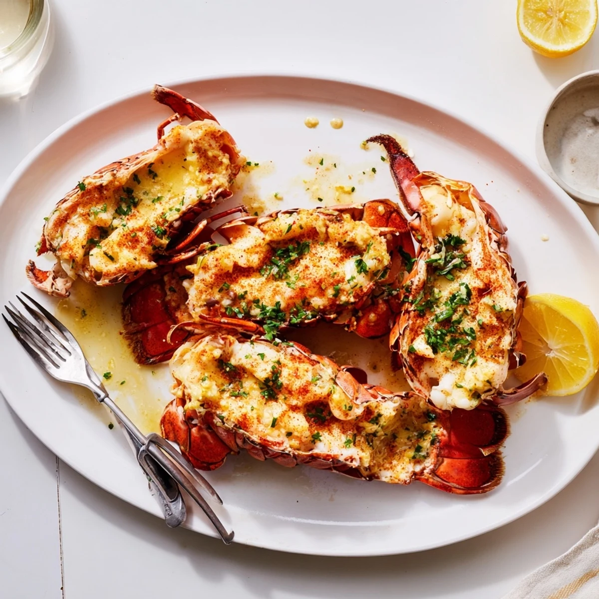 Close-up of Easy Baked Lobster Tails with garlic butter glaze and fresh parsley garnish.