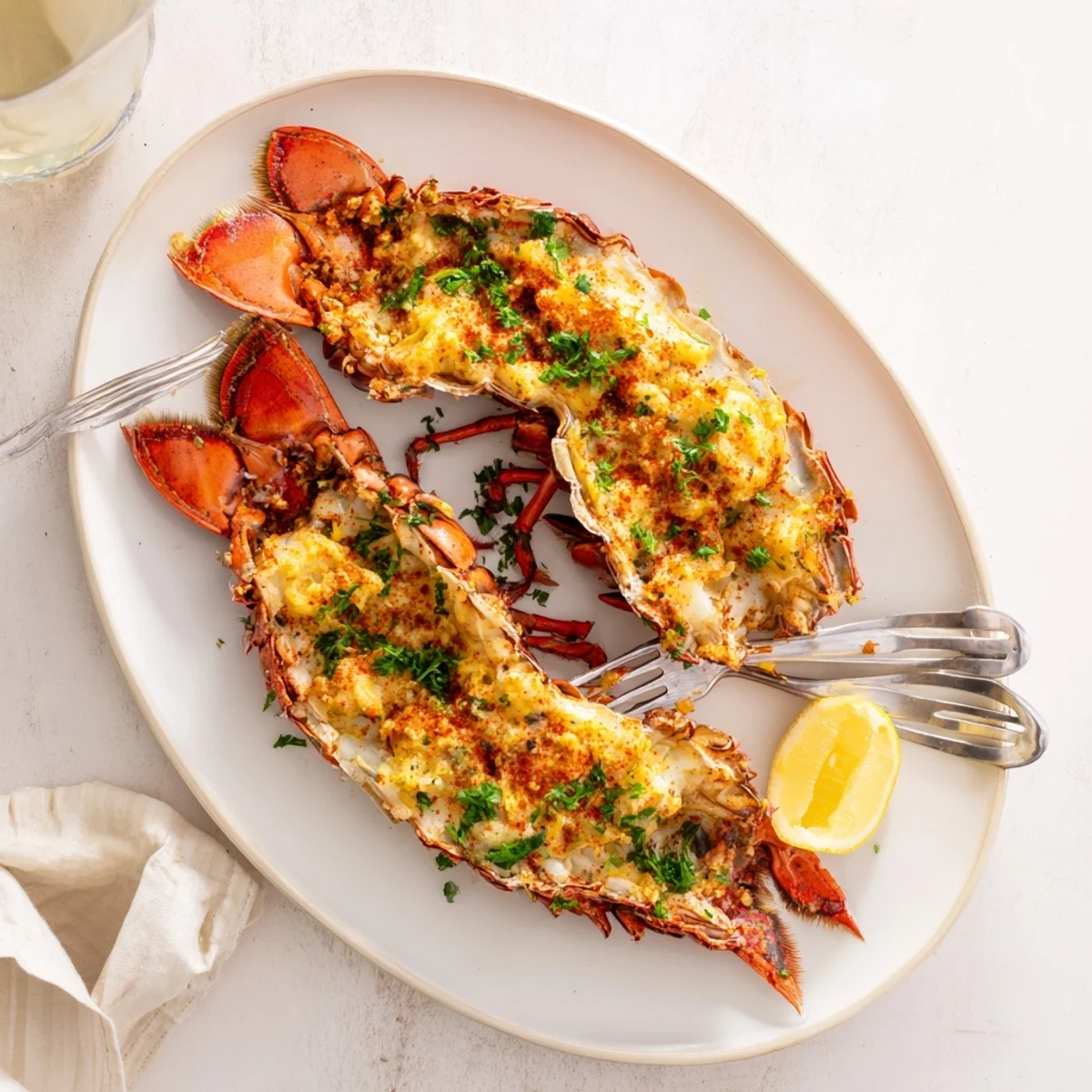 Sizzling Easy Baked Lobster Tails resting on a baking sheet with lemon wedges nearby.