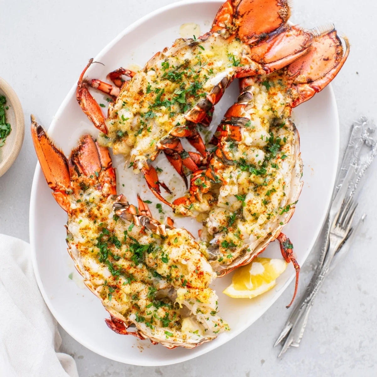 Two succulent Easy Baked Lobster Tails served with butter sauce and a sprinkle of paprika.