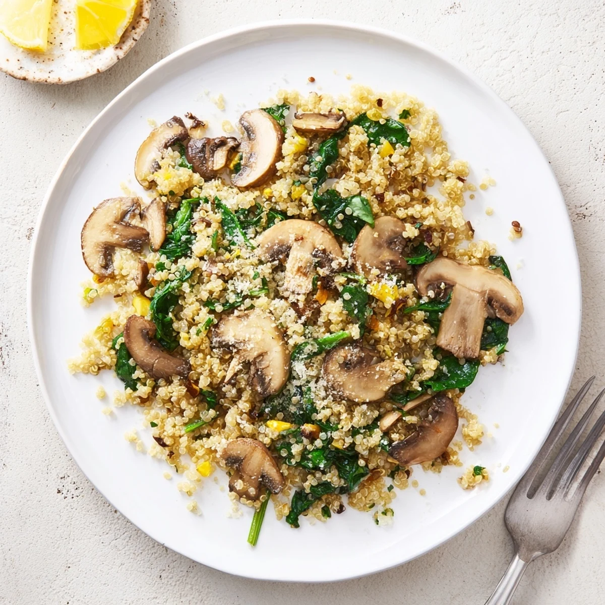 Close-up of Garlicky Mushroom Quinoa garnished with fresh parsley and optional Parmesan, revealing the savory textures and glistening olive oil sheen.