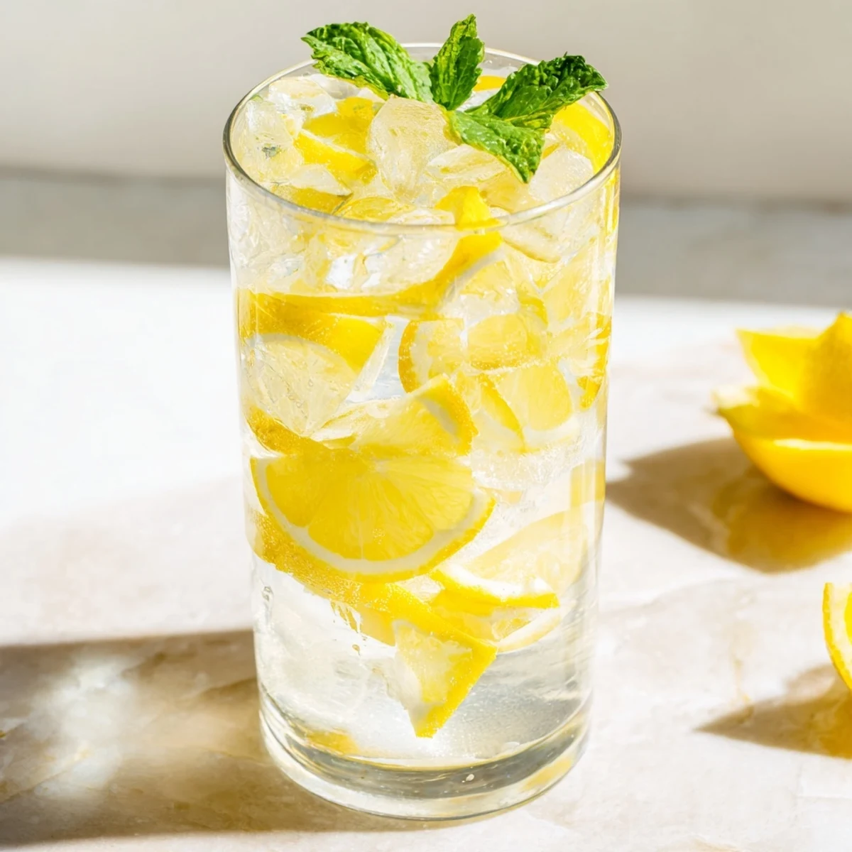 Close-up of an Easy Limoncello Mocktail Refreshing Drink in a glass, showing bright lemon color and fresh mint.