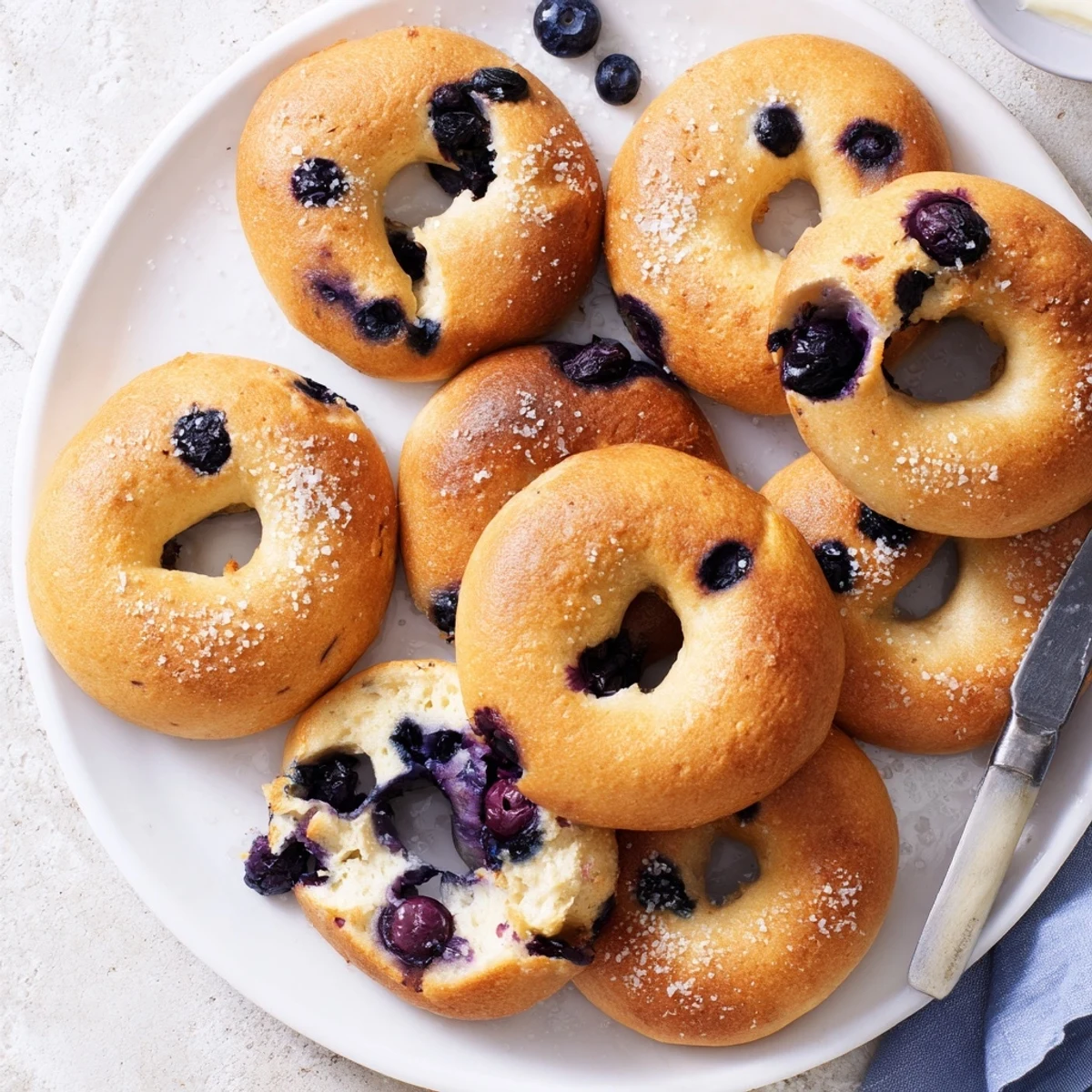 Freshly baked Gluten-Free Blueberry Bagels on a cooling rack, with juicy blueberries peeking through the golden crust.  