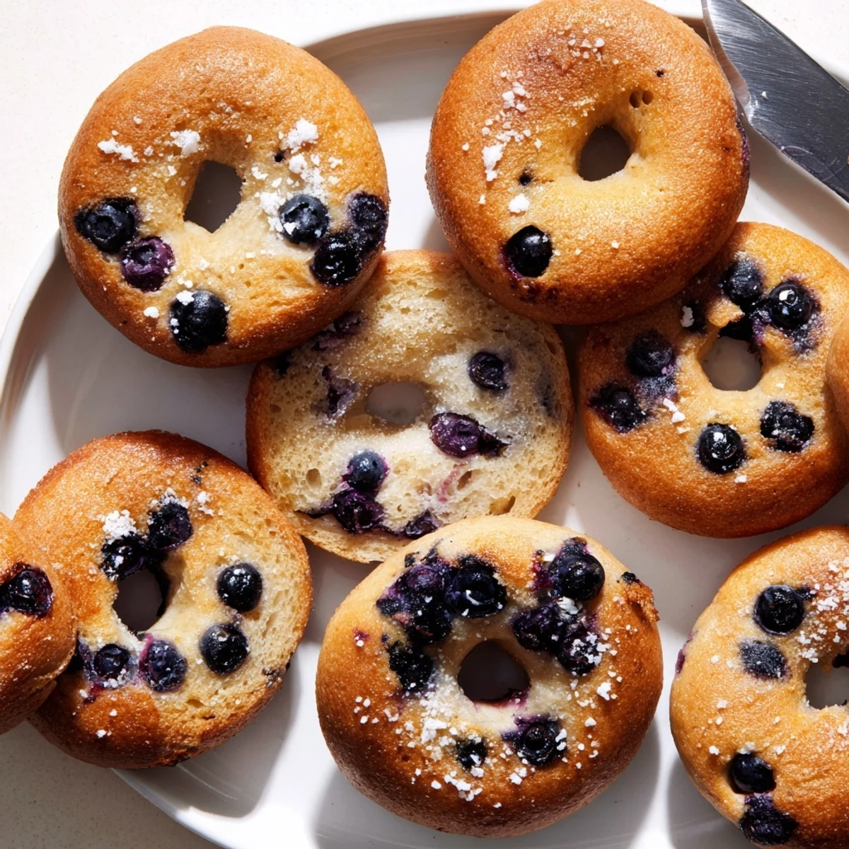 A warm plate of Gluten-Free Blueberry Bagels served with cream cheese and fresh blueberries for breakfast.