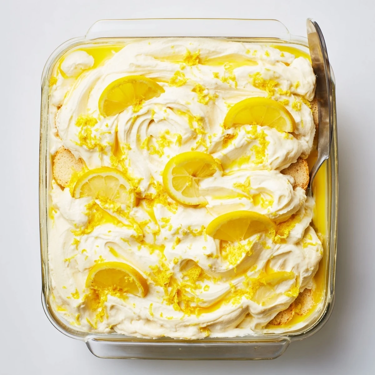 Overhead shot of Lemon Limoncello Italian Tiramisu in a glass dish, showcasing creamy layers and bright lemon slices.