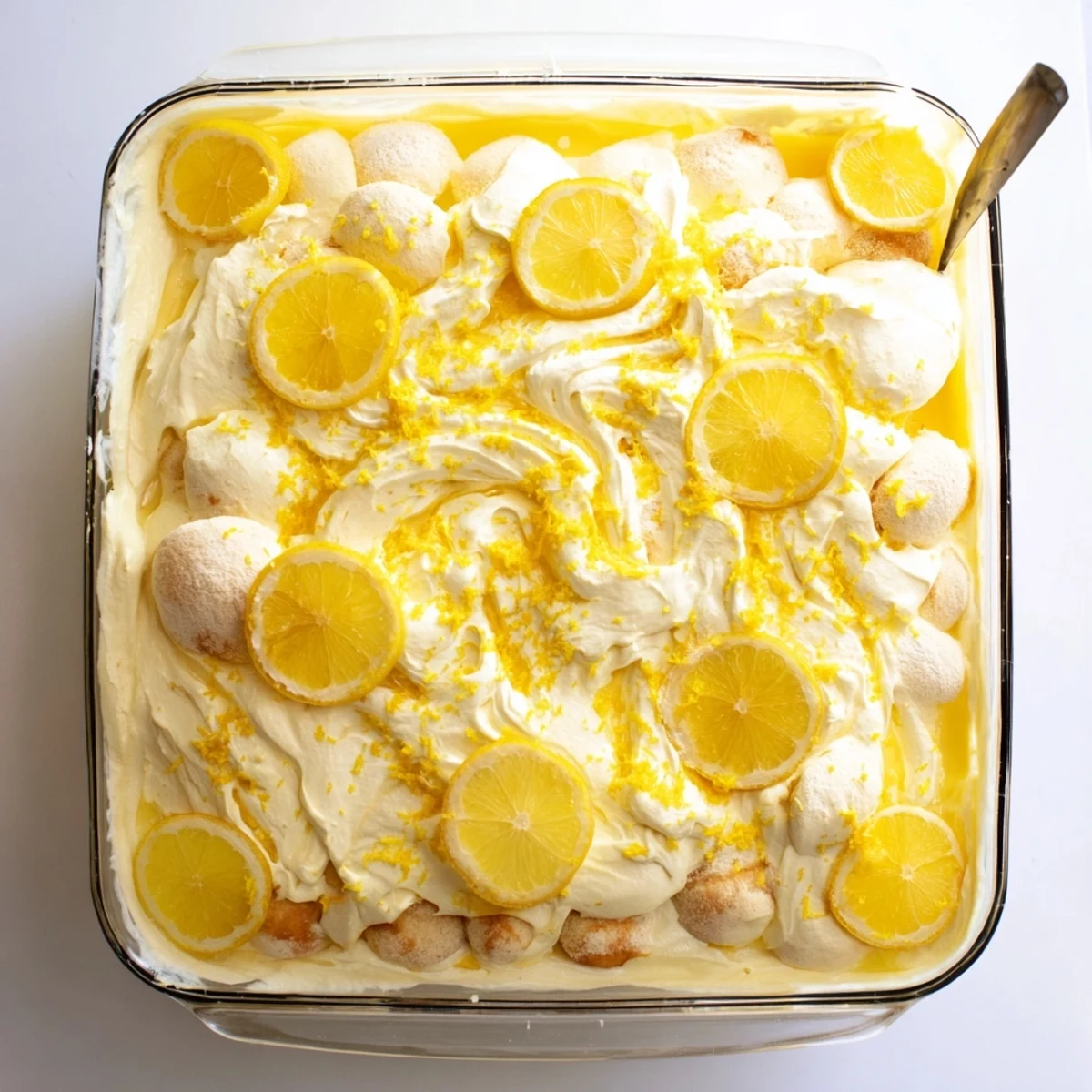 A close-up view of Lemon Limoncello Italian Tiramisu with thick mascarpone and visible zest, perfect for a summer dessert.