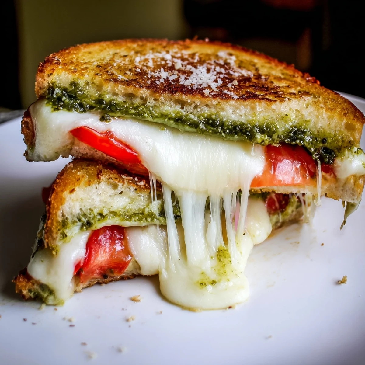 Crispy Best Pesto Grilled Cheese sandwich reveals golden bread, gooey mozzarella, and vibrant basil pesto for an easy vegetarian lunch.
