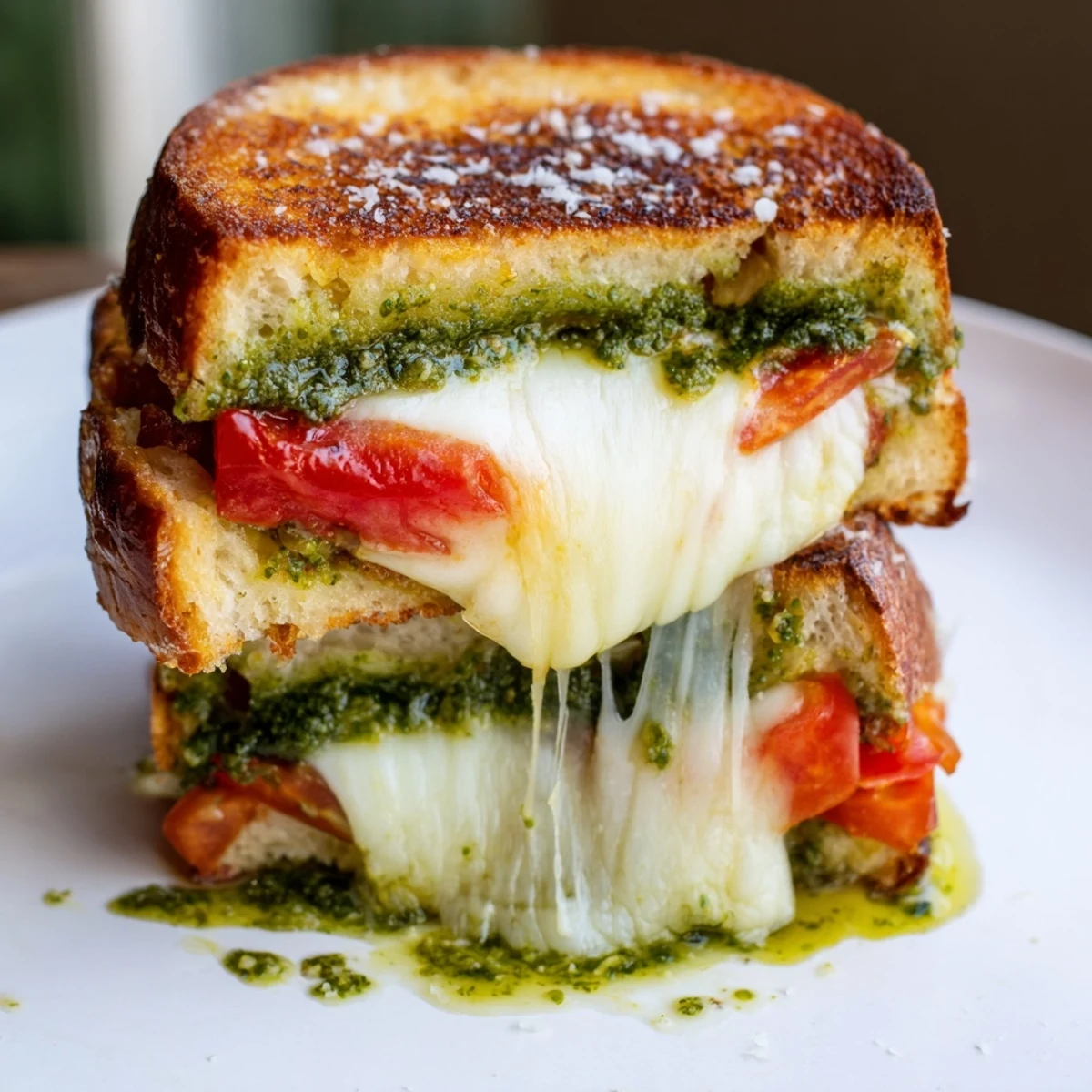 Savory Best Pesto Grilled Cheese sandwich with melted mozzarella and fresh basil pesto on crispy sourdough slices served warm.
