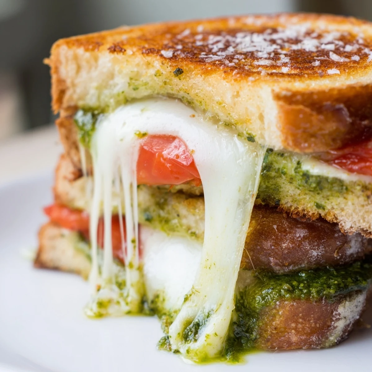 Melted cheese oozes from Best Pesto Grilled Cheese sandwich paired with tomato slices, perfect for a quick weeknight dinner.