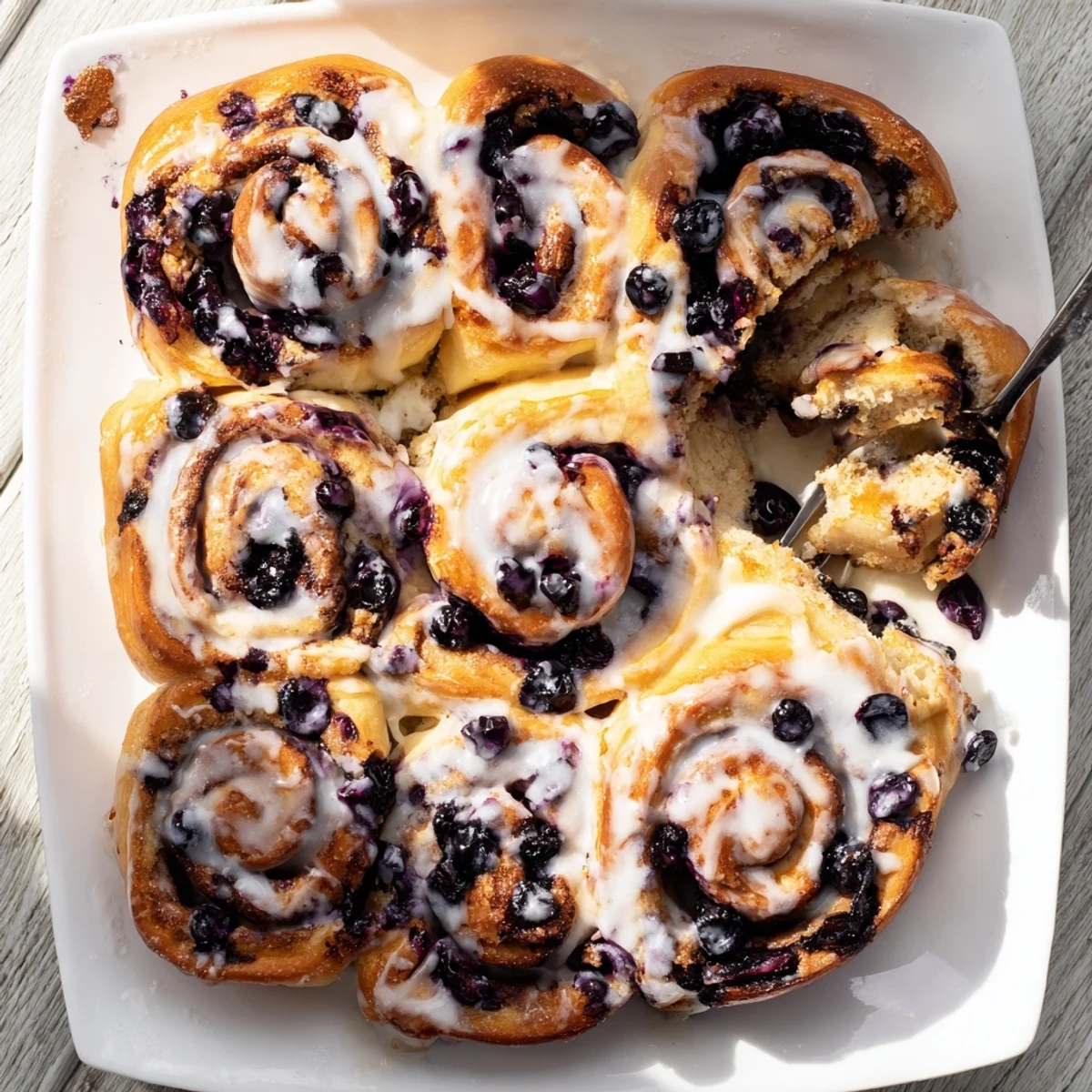 Warm Blueberry Cinnamon Rolls served on a plate with glaze drizzle.