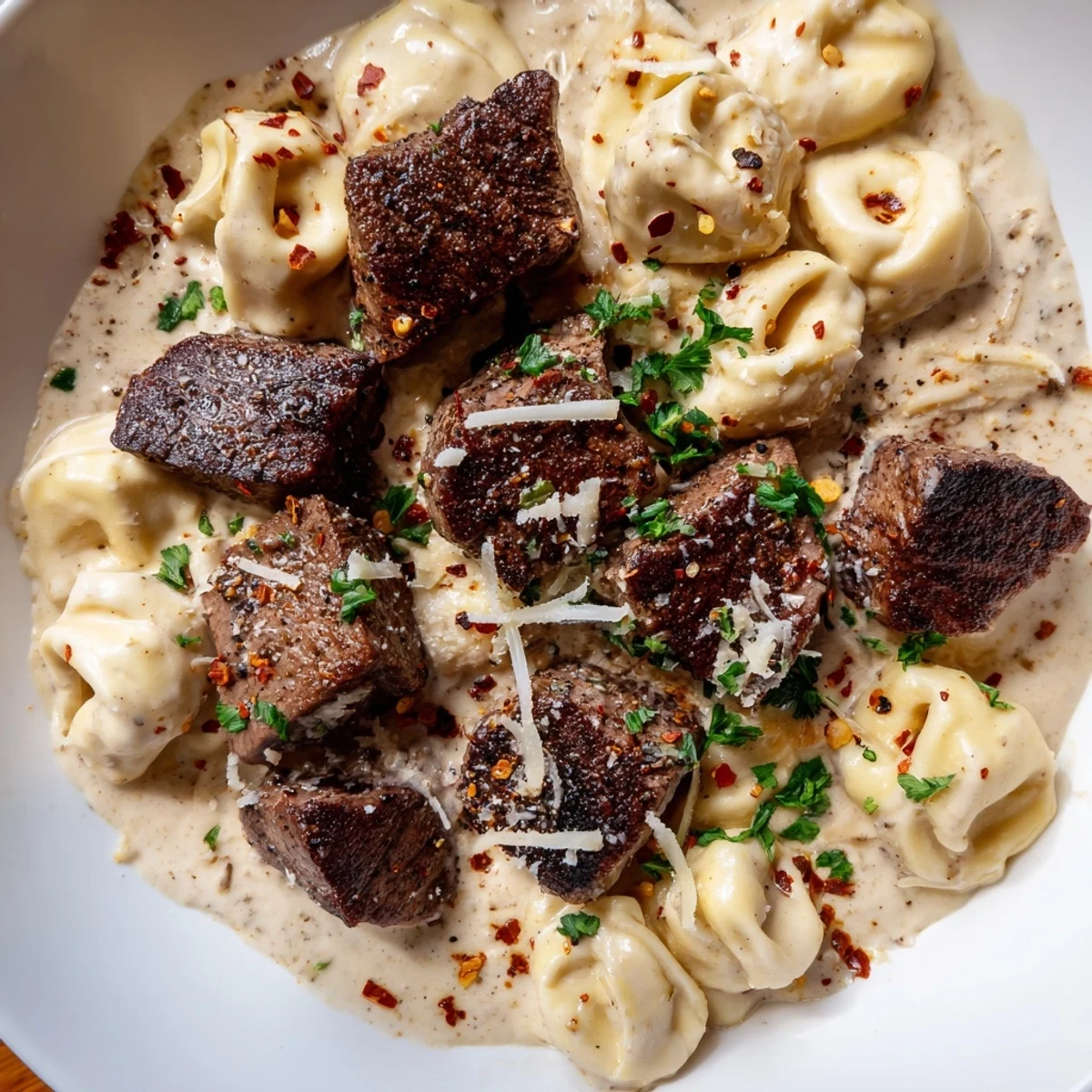 Golden, sautéed sirloin cubes and pillowy pasta swim in a rich, parmesan cream sauce with minced garlic. This plate of Garlic Steak Tortellini looks perfect for a busy weeknight family meal.