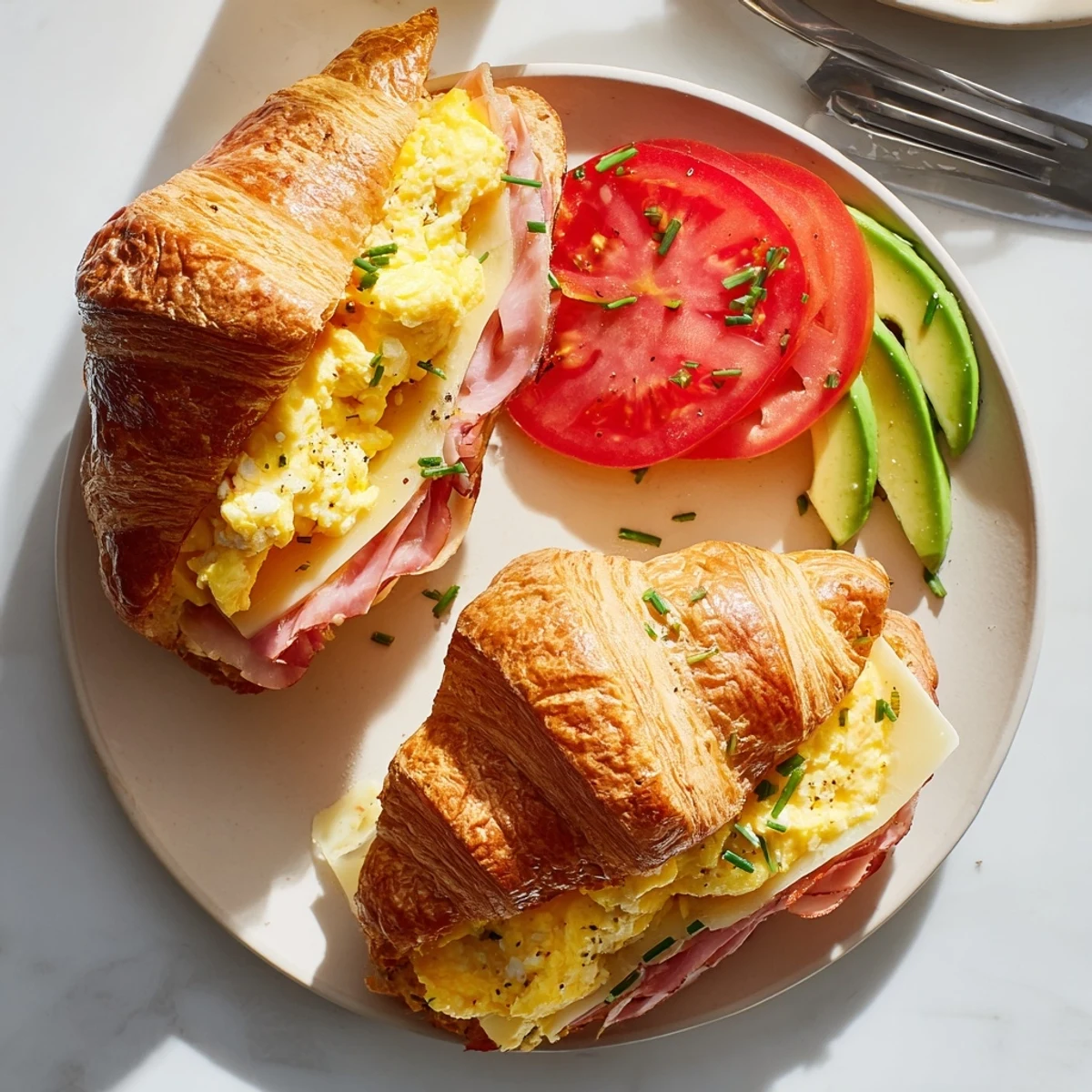 Freshly baked Flaky Croissant Breakfast Sandwich with melted Swiss cheese and scrambled eggs.