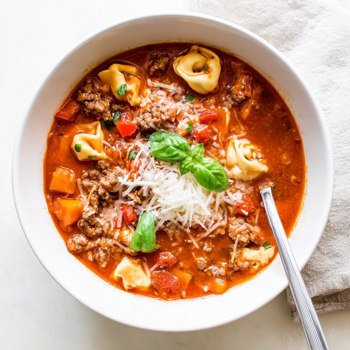 A bowl of hearty Lasagna Soup with Tortellini, topped with melted mozzarella and fresh basil, served with crusty bread.