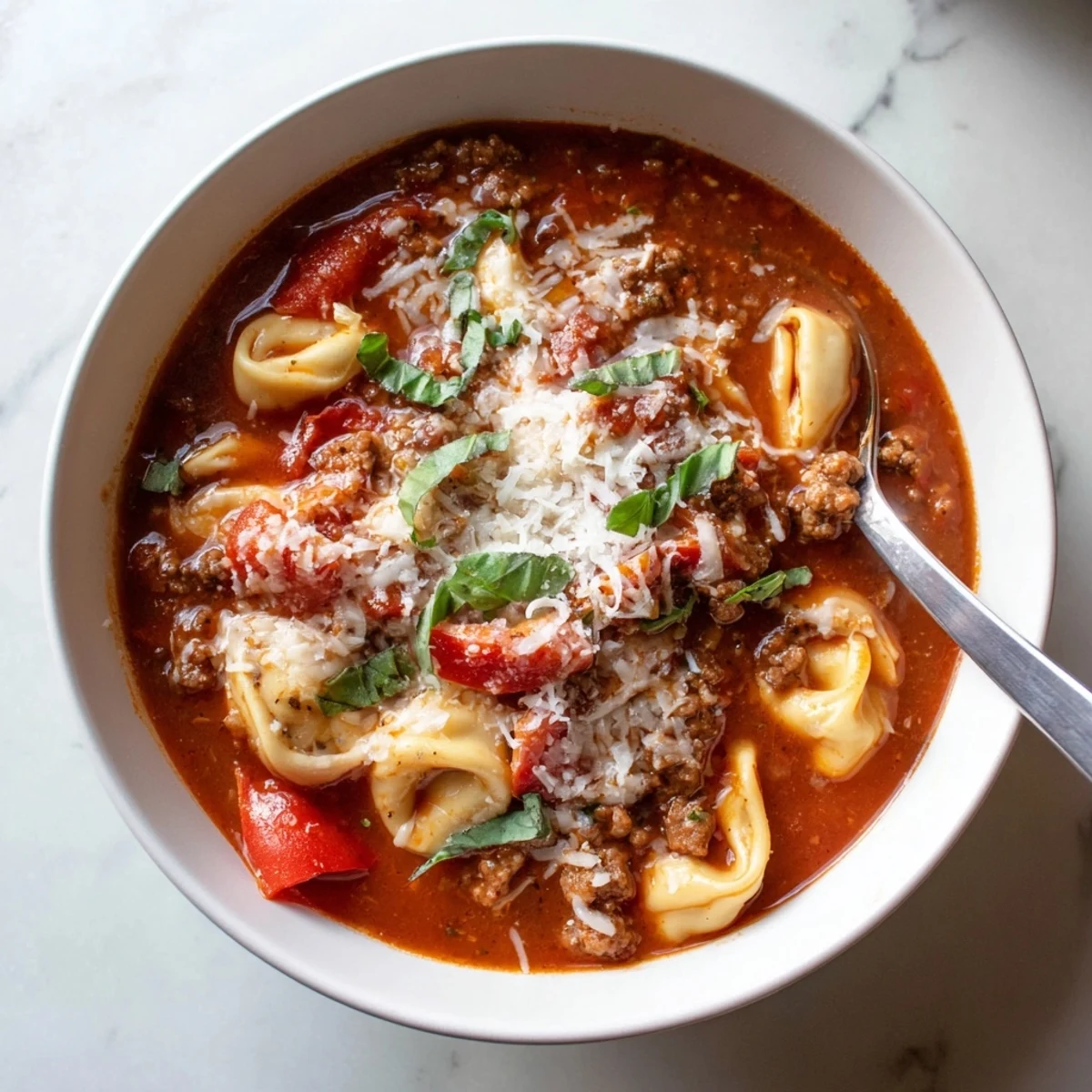 Steaming bowl of Lasagna Soup with Tortellini features Italian sausage, tomatoes, and cheesy pasta in a rich, savory broth.