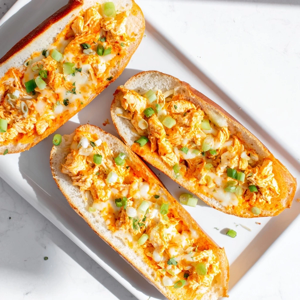 A close-up of Cheesy Buffalo Chicken Stuffed French Bread, showing golden melted cheese and herbs on toasted crust.
