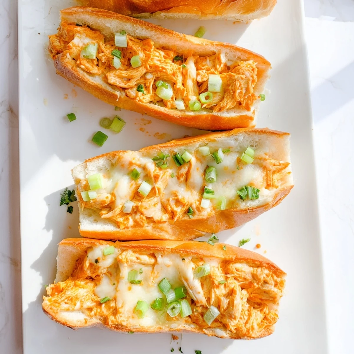 The baked Cheesy Buffalo Chicken Stuffed French Bread is sliced open, revealing a creamy buffalo chicken filling with melted cheddar and mozzarella.