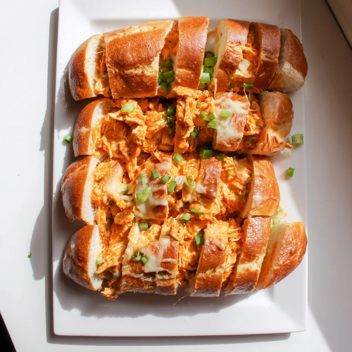 Plated Cheesy Buffalo Chicken Stuffed French Bread slices are served with cool ranch dip and crisp celery sticks for dipping.