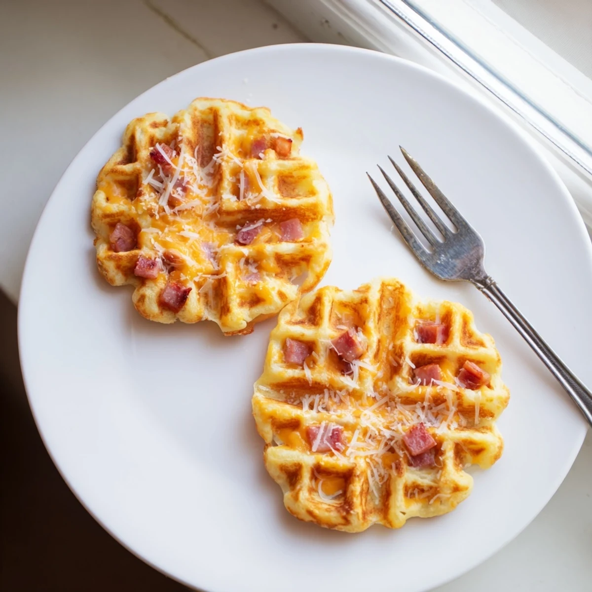 Golden-brown Ham and Cheese Chaffles on a white plate, showing crispy edges and melted cheddar.