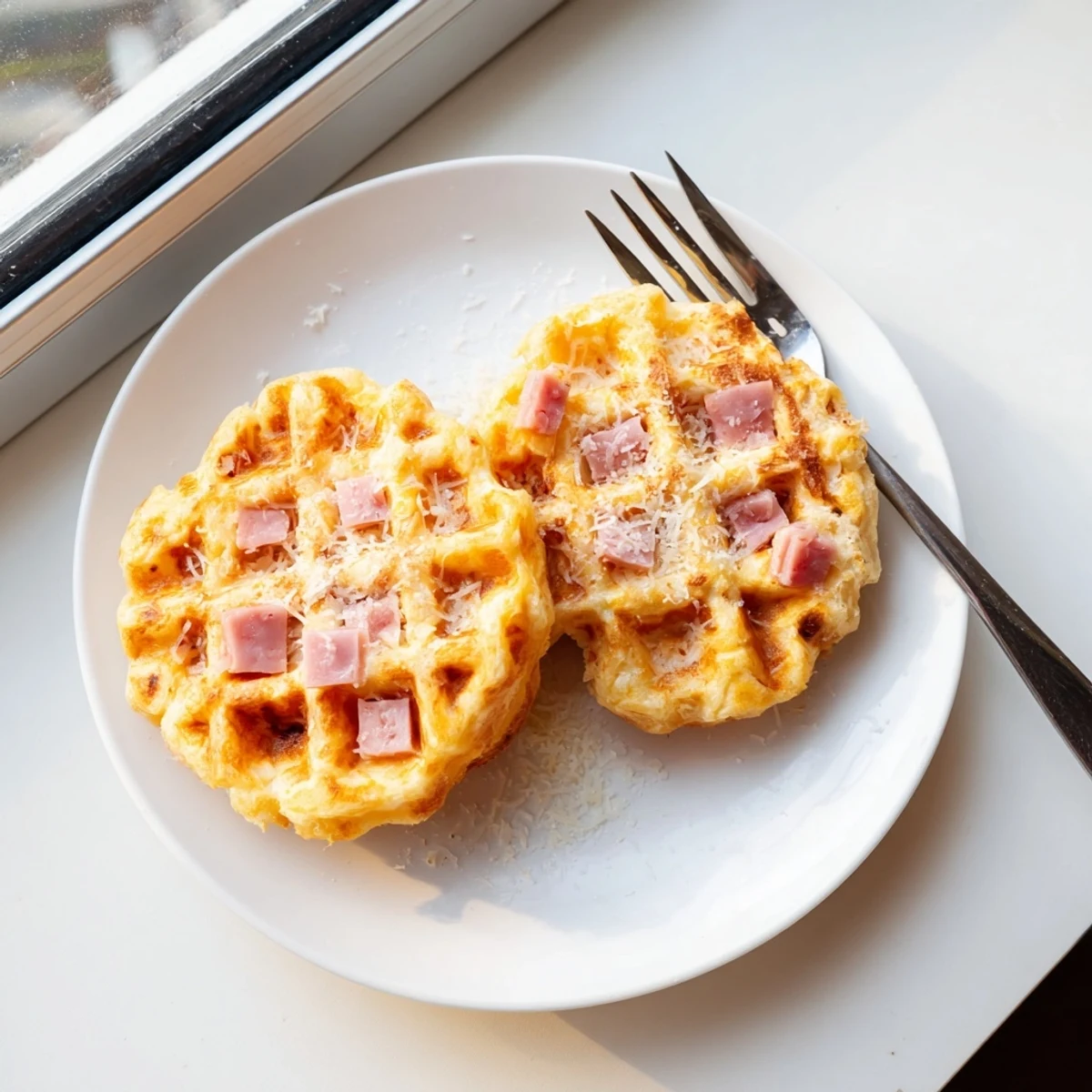 Freshly cooked Ham and Cheese Chaffles cooling on a wire rack, ready for a low-carb breakfast.