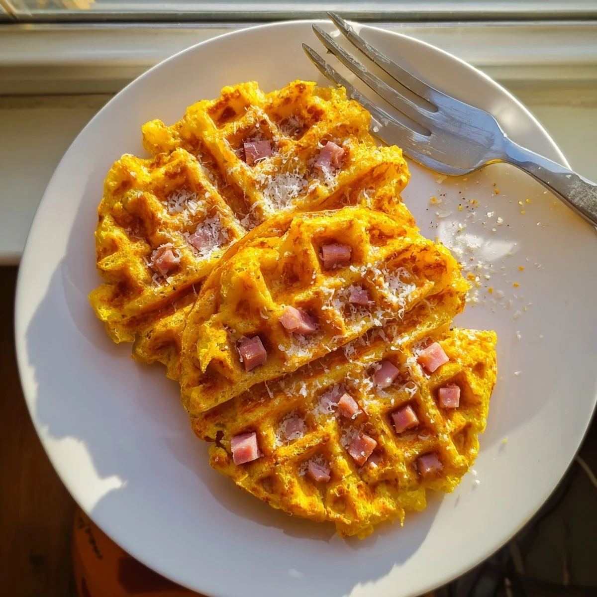 Two steamy Ham and Cheese Chaffles stacked on a plate with a side of sour cream dip.
