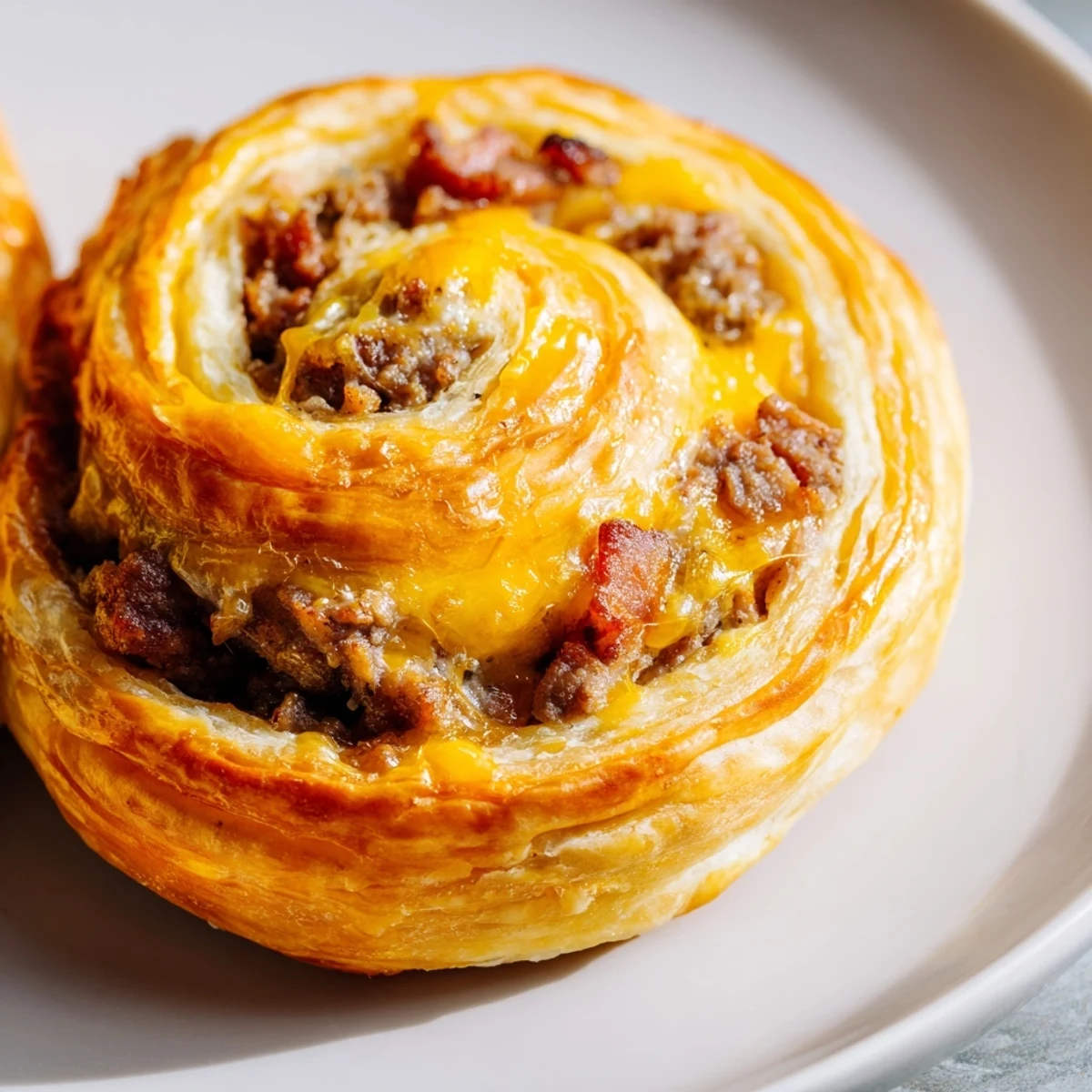 Golden-brown Cheesy Bacon Burger Rollups made with puff pastry, showcasing the flaky layers and melted cheese on a serving plate.