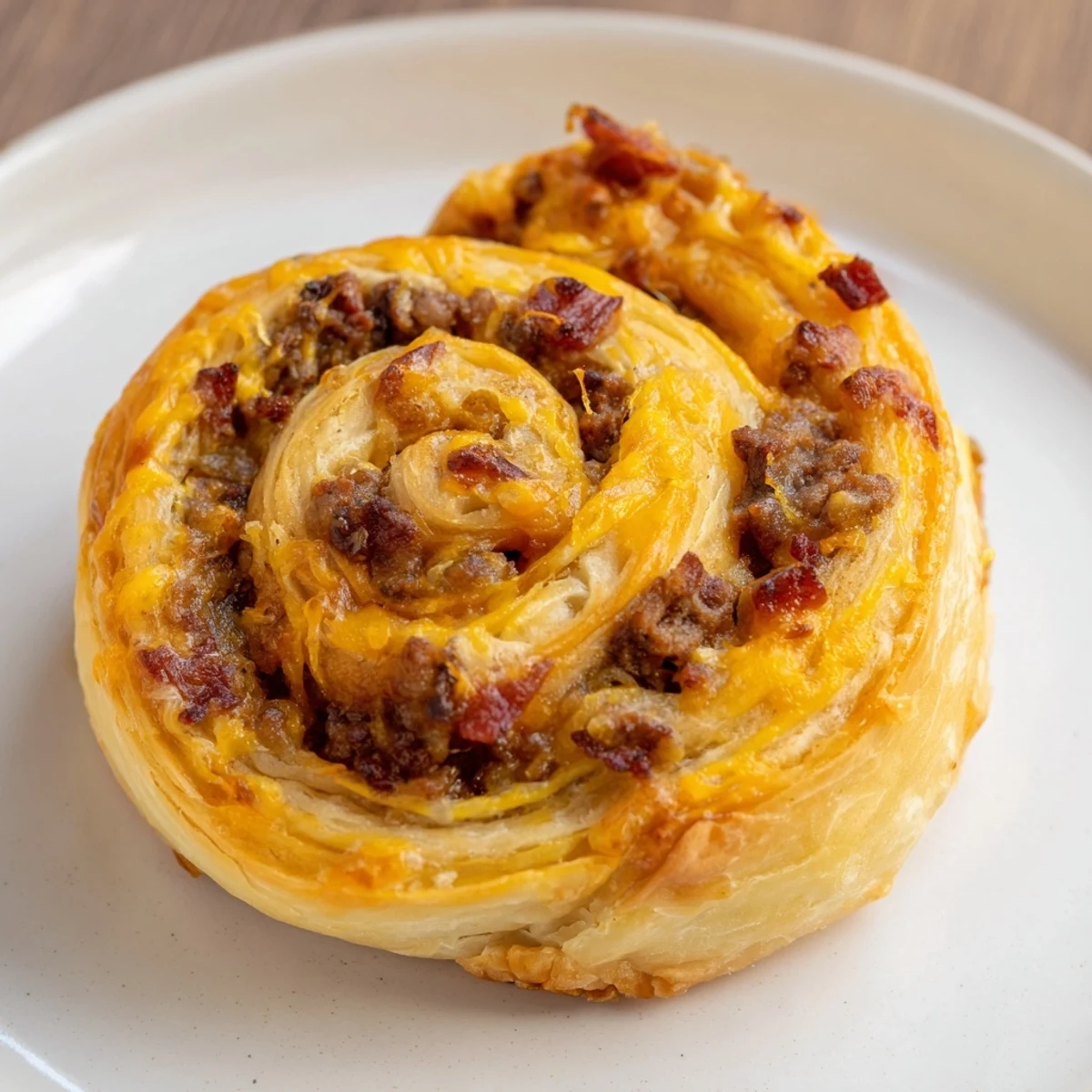 Close-up of golden Cheesy Bacon Burger Rollups, revealing the savory ground beef, crispy bacon, and gooey cheese filling.