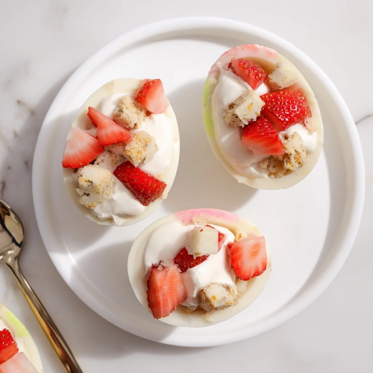 A close-up of Strawberry Shortcake Easter Egg Bombs, showing a white chocolate shell dusted with edible glitter over fluffy shortcake crumbs and bright red strawberry filling.